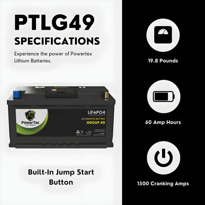 PowerTex 2023 Kia Stinger V6 3.3LReplacement Car Battery BCI Group 49 Lithium LiFePO4 Automotive Powertex Battery