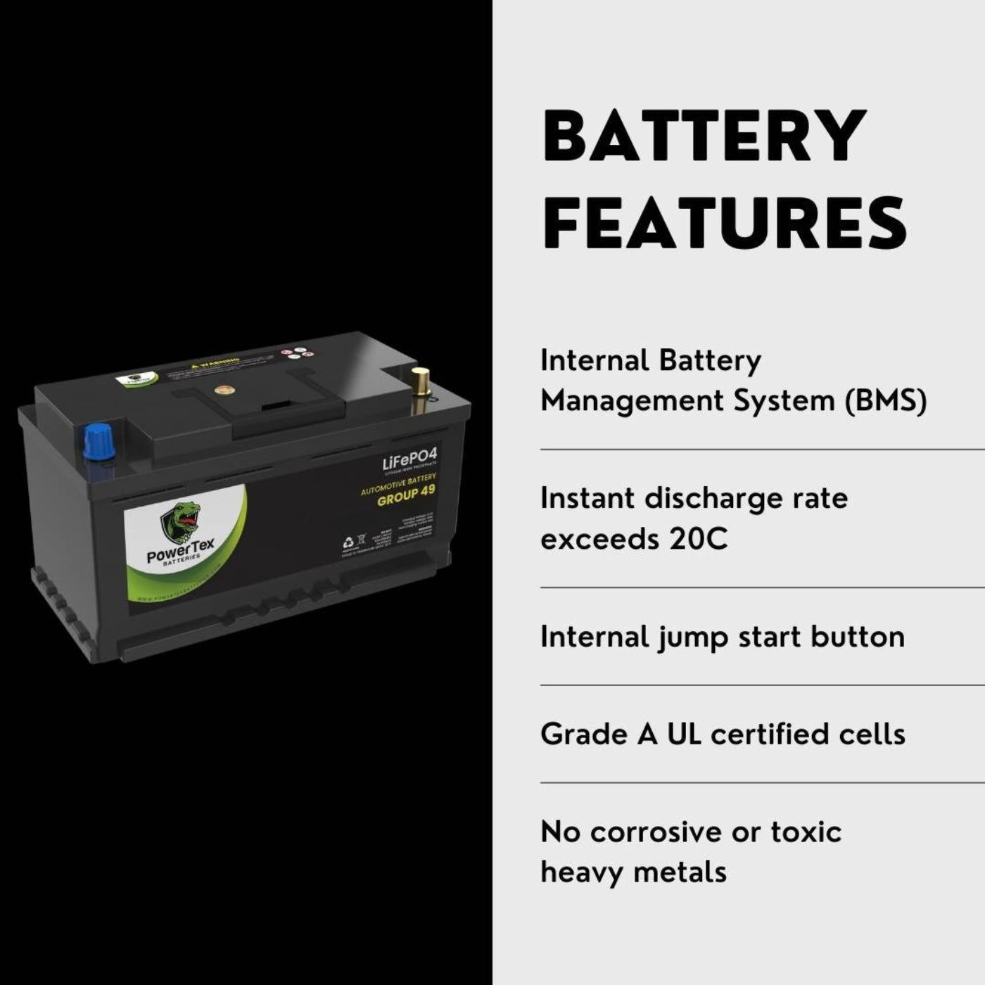 PowerTex 2013 Jaguar XFR Car Battery BCI Group 49 / H8 Replacement Lithium LiFePO4 Automotive Battery