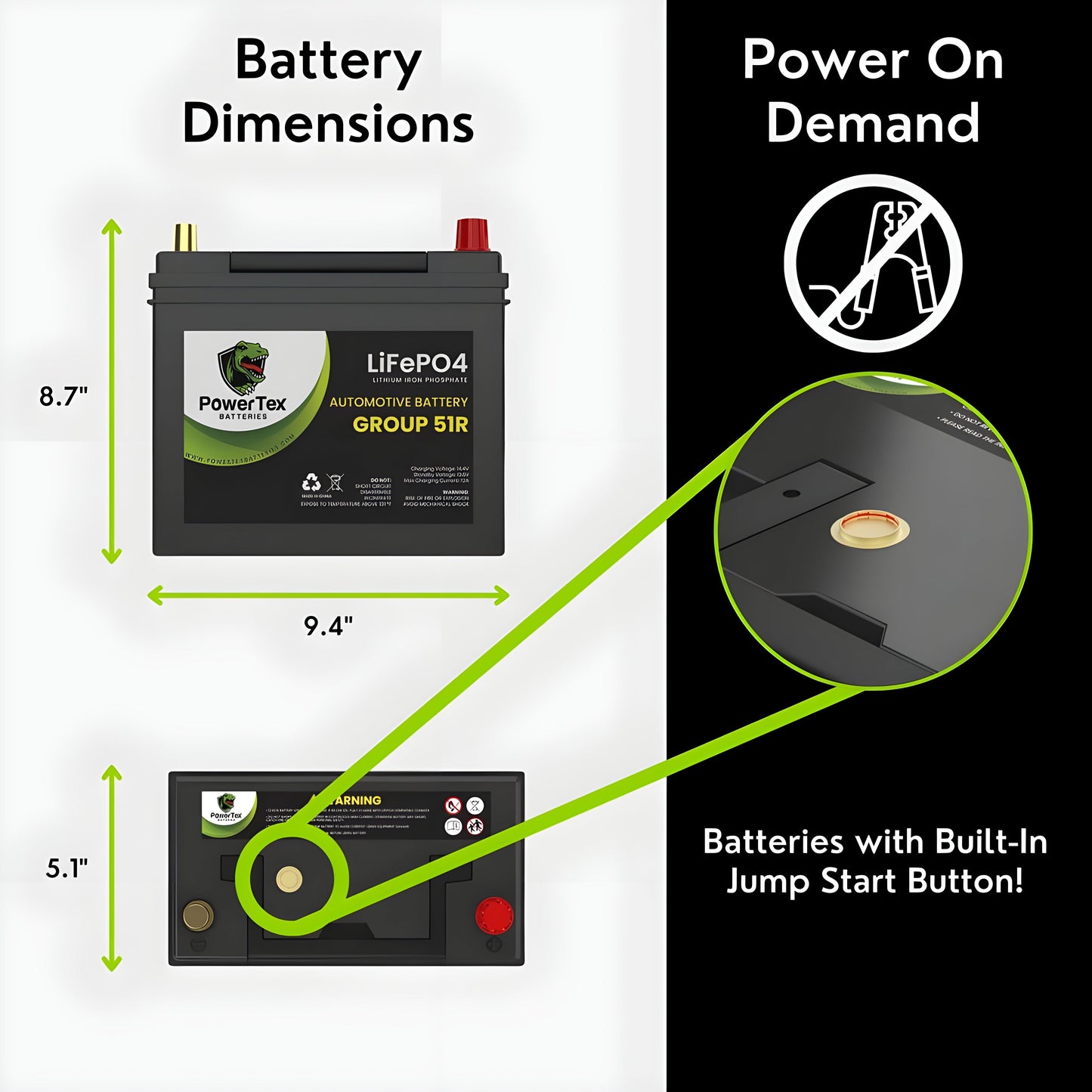 PowerTex 2022 Tesla Model 3 Replacement Car Battery BCI Group 51R Lithium LiFePO4 Automotive Powertex Battery - PTLG51R-0-8