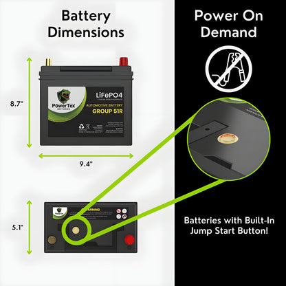 PowerTex 2022 Tesla Model 3 Replacement Car Battery BCI Group 51R Lithium LiFePO4 Automotive Powertex Battery - PTLG51R-0-8