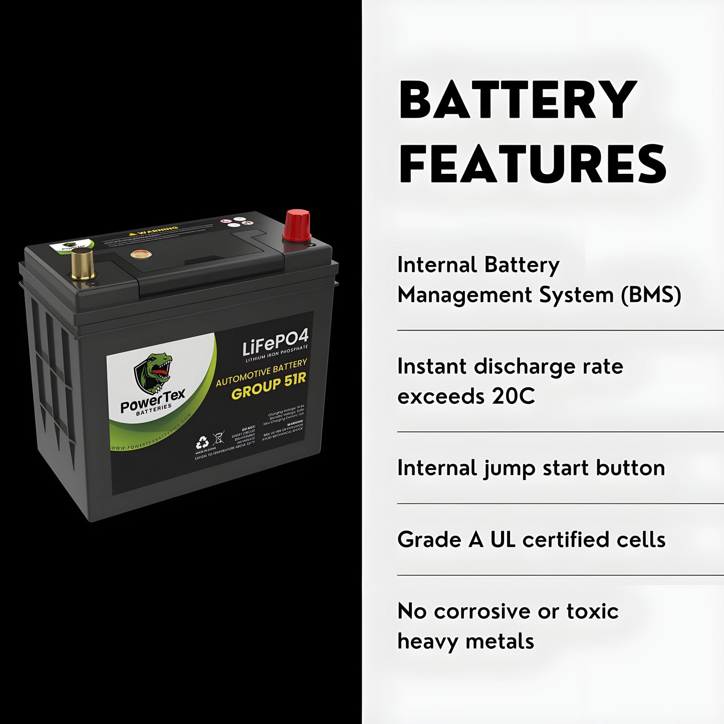 PowerTex 2022 Tesla Model 3 Replacement Car Battery BCI Group 51R Lithium LiFePO4 Automotive Powertex Battery - PTLG51R-0-8