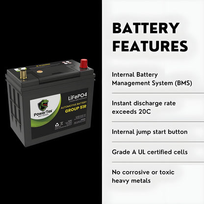 PowerTex 2022 Tesla Model 3 Replacement Car Battery BCI Group 51R Lithium LiFePO4 Automotive Powertex Battery - PTLG51R-0-8