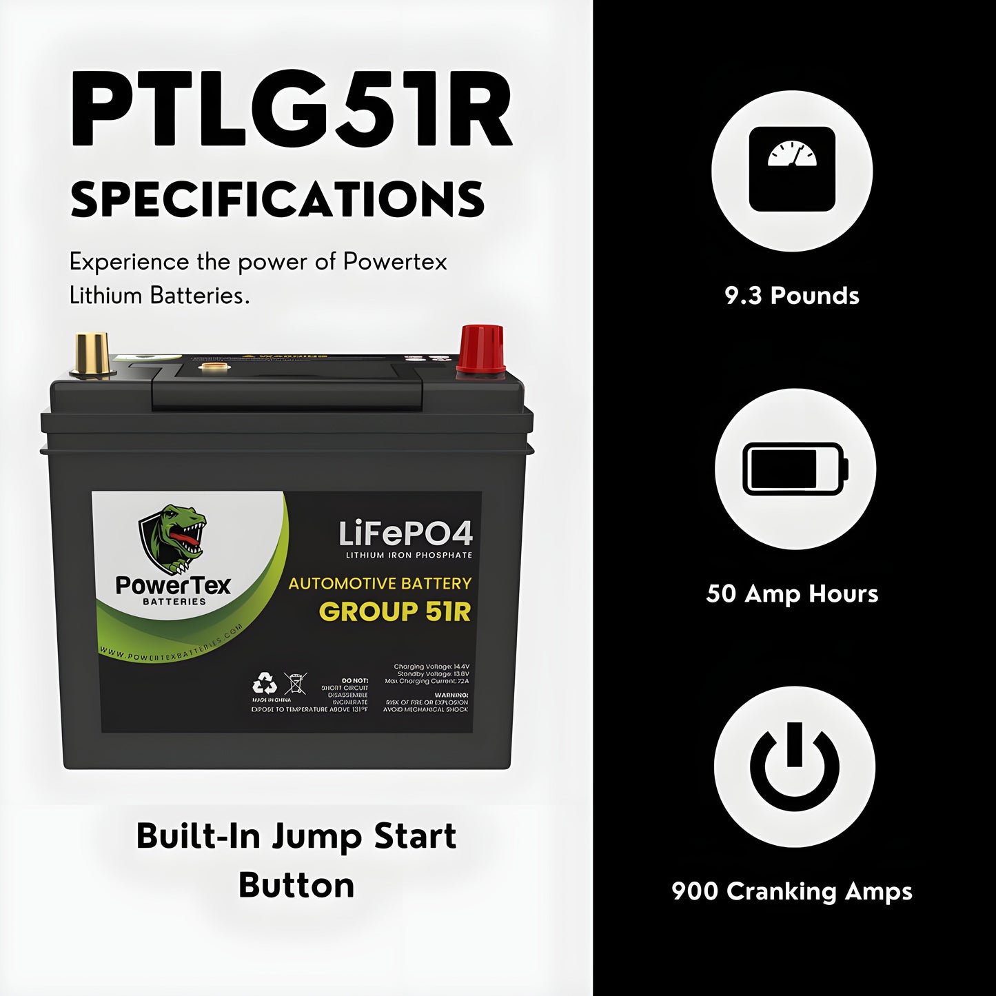PowerTex 2020 Tesla Model Y Replacement Car Battery BCI Group 51R Lithium LiFePO4 Automotive Powertex Battery - PTLG51R-0-5