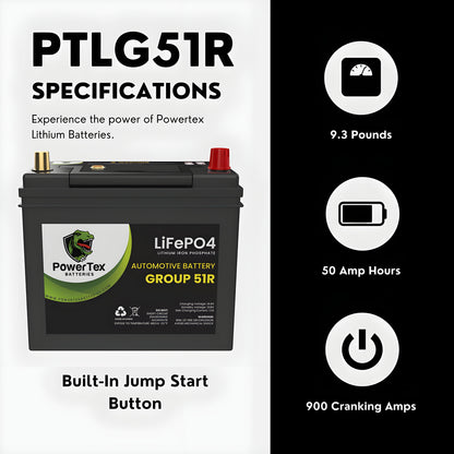 PowerTex 2022 Tesla Model 3 Replacement Car Battery BCI Group 51R Lithium LiFePO4 Automotive Powertex Battery - PTLG51R-0-8