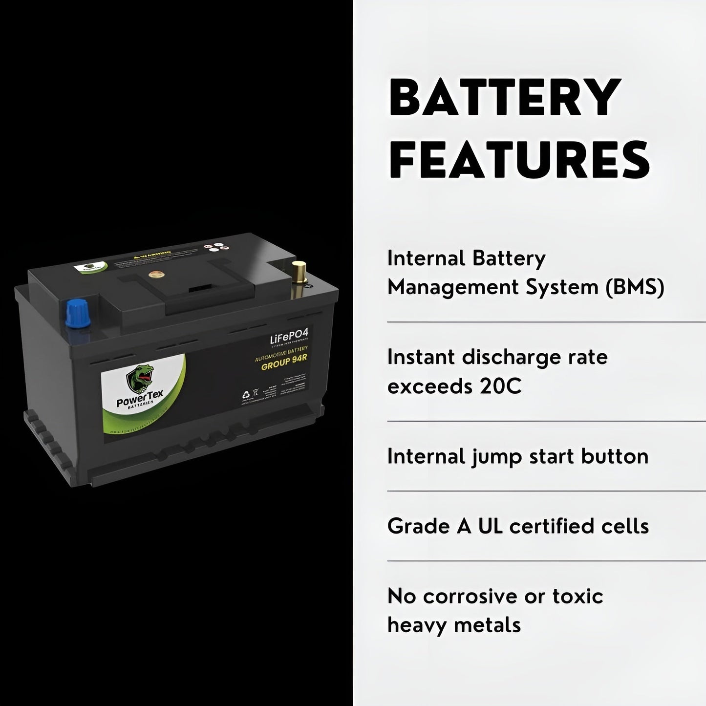 PowerTex 2024 GMC Yukon V8 6.2L Replacement Car Battery BCI Group 94R Lithium LiFePO4 Automotive Powertex Battery