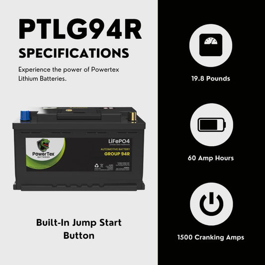 PowerTex 2010 Audi A5 Car Battery BCI Group 94R / H7 Lithium LiFePO4 Automotive Battery - PTLG94R-231