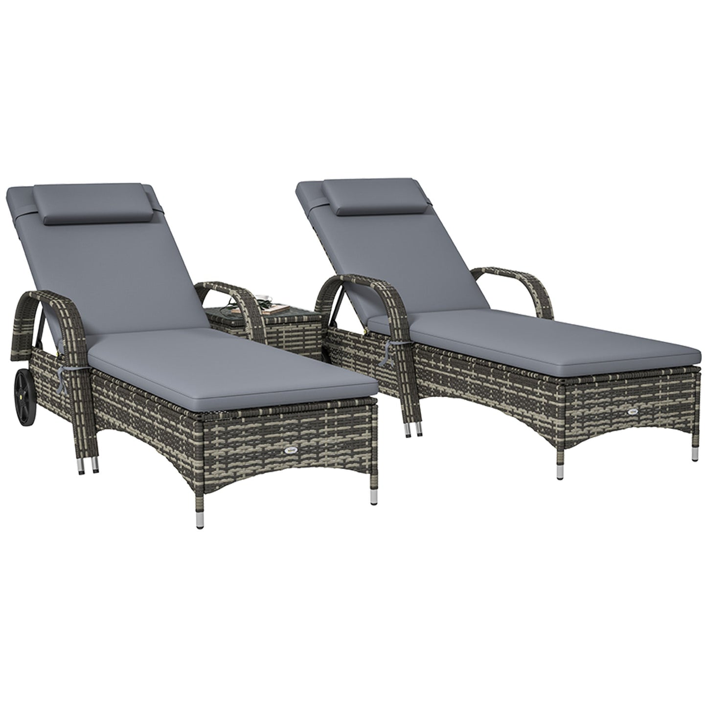 Outsunny 3-Piece Wicker Chaise Lounge Chair Set with Side Table, 5-Level Adjustable Backrest, Gray - 862-014V02GY