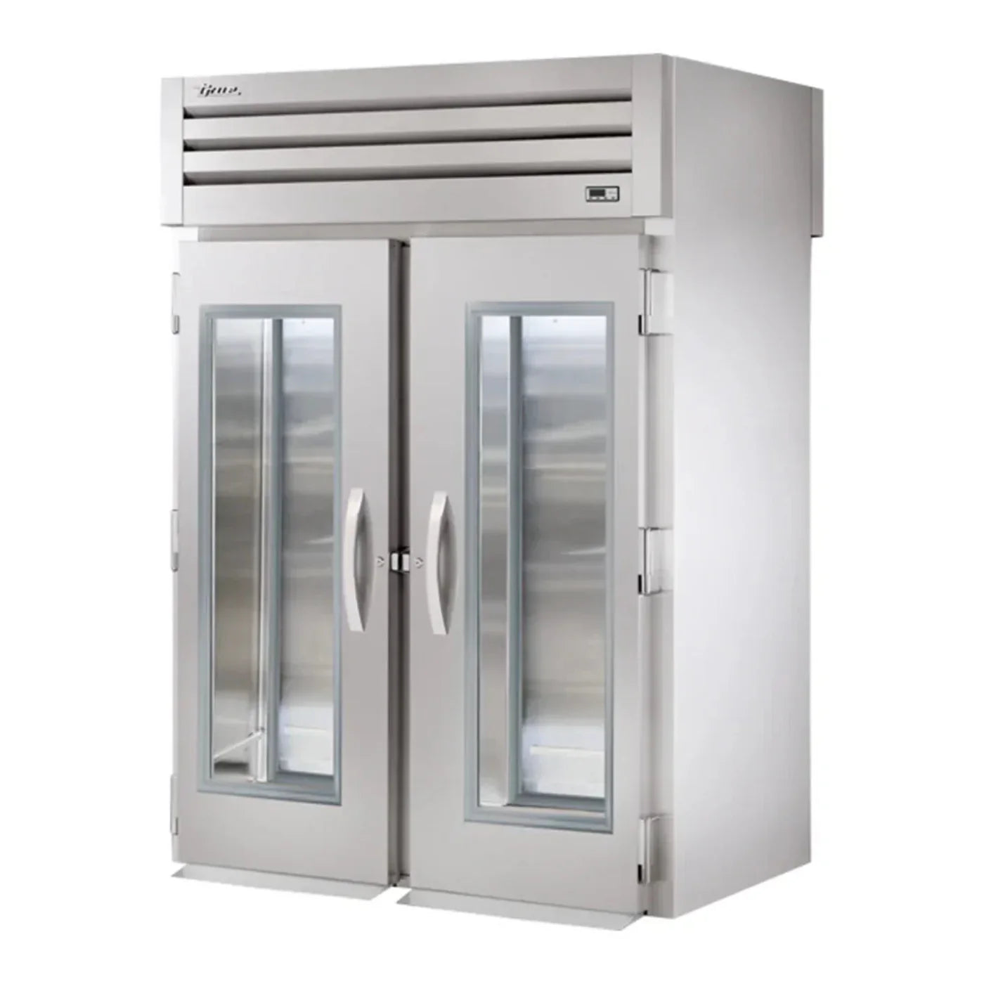 True STR2RRT-2G-2S  68" Spec Series Stainless Steel Roll-Through Refrigerator with Two Section and 4 Left/Right Hinge Glass Doors, Silver, 115v/1ph - STR2RRT-2G-2S