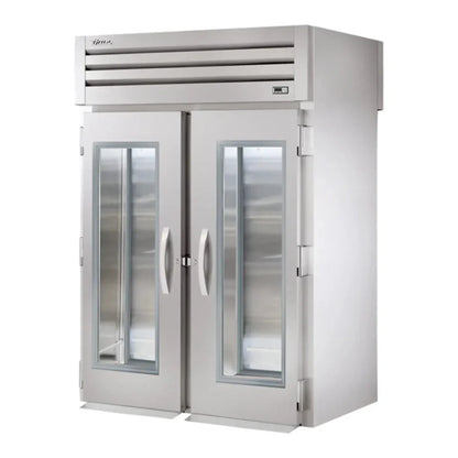 True STR2RRT-2G-2S  68" Spec Series Stainless Steel Roll-Through Refrigerator with Two Section and 4 Left/Right Hinge Glass Doors, Silver, 115v/1ph - STR2RRT-2G-2S