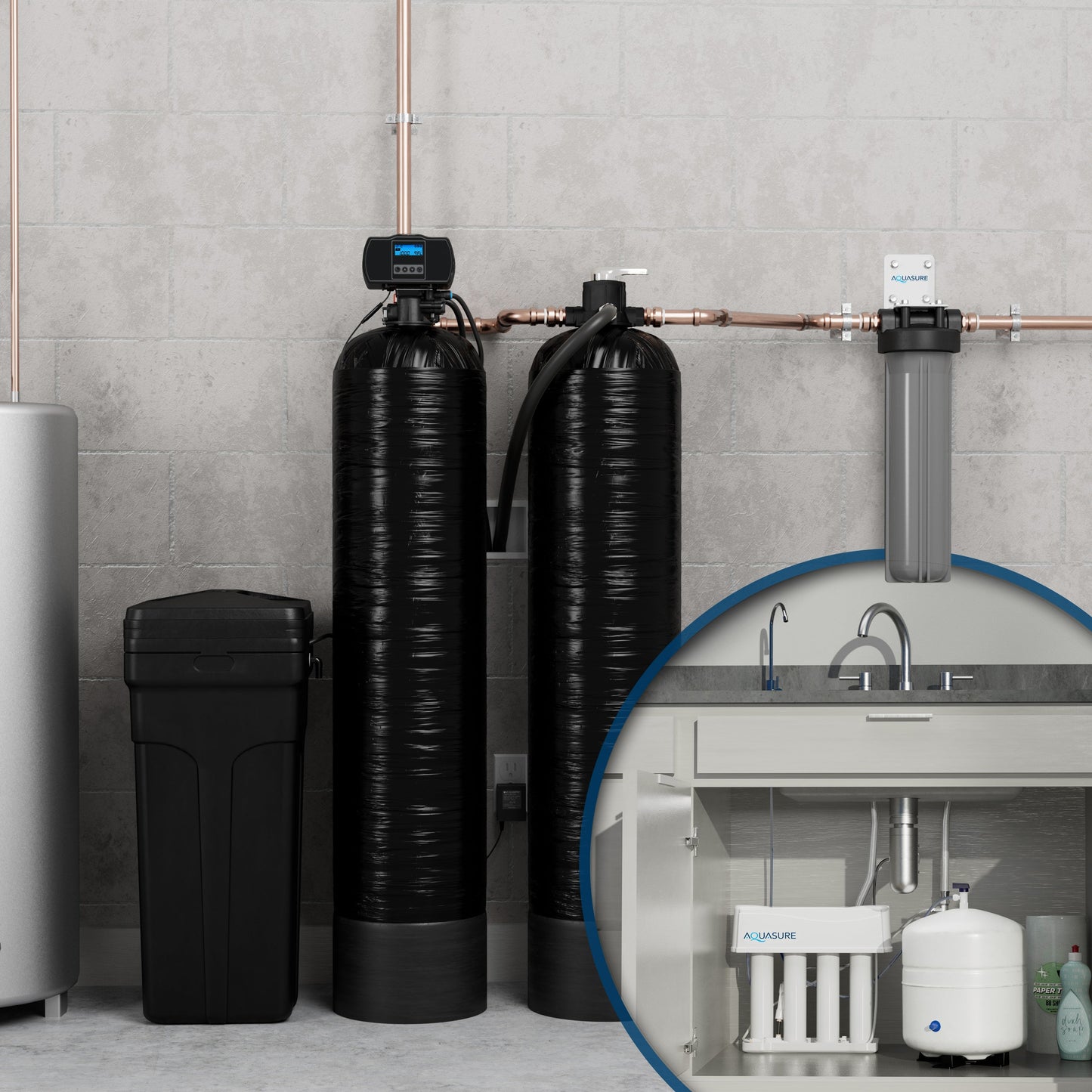 Aquasure Signature Elite | 600,000 Gallons Whole House Water Filter Treatment Bundle with 32,000 Grains Softener, 75 GPD Reverse Osmosis System - AS-SE600A