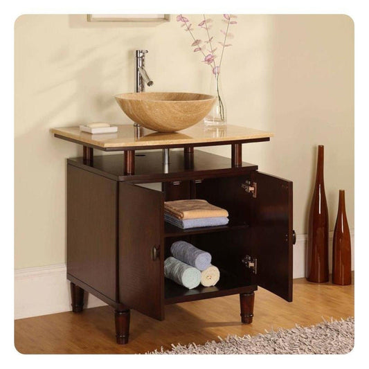 Silkroad Exclusive 29" Single Sink Dark Chestnut Bathroom Vanity With Travertine Countertop and Travertine Round Vessel Sink - HYP-0808N-T-29_S29B