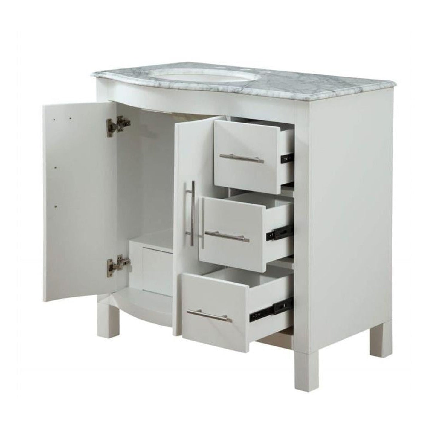 Silkroad Exclusive 36" Single Left Sink White Bathroom Vanity With Carrara White Marble Countertop and White Ceramic Undermount Sink - V0290WW36L