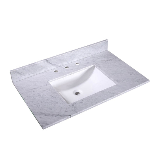 Silkroad Exclusive 36" x 22" White Carrara Marble Vanity Top With White Single Rectangular Undermount Sink and 4" Backsplash - T36C05