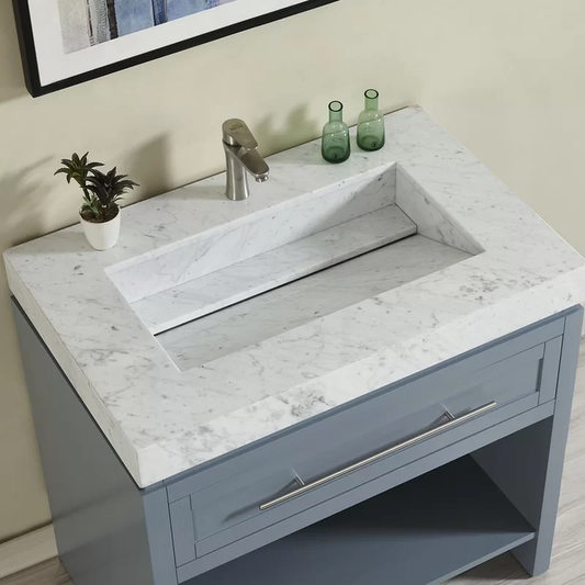 Silkroad Exclusive 36" x 23" White Carrara Marble Vanity Top With Single Rectangular Integrated Ramp Sink - T0136WRC