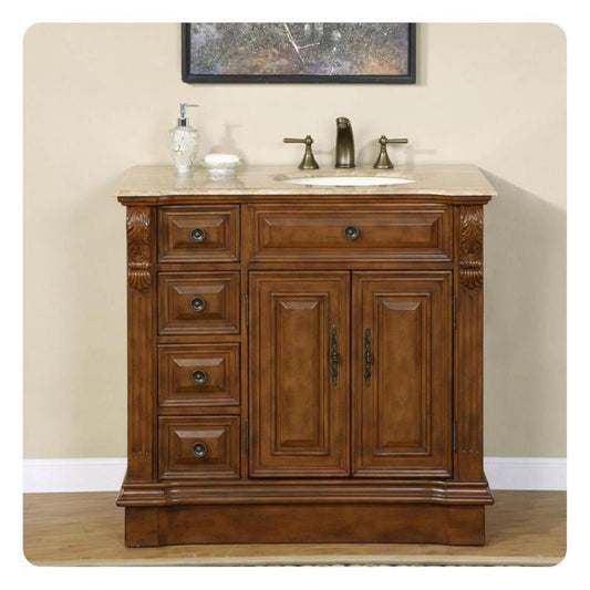 Silkroad Exclusive 38" Single Right Sink Walnut Bathroom Vanity With Travertine Countertop and Ivory Ceramic Undermount Sink - HYP-0904-T-UIC-38-R