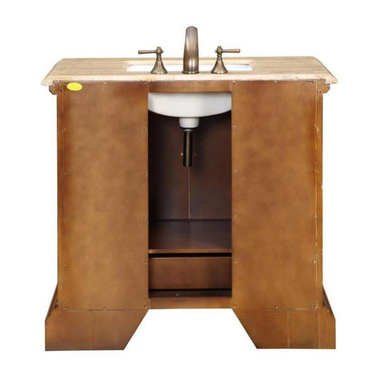 Silkroad Exclusive 39" Single Sink Cherry Bathroom Vanity With Travertine Countertop and White Ceramic Undermount Sink - HYP-0907-T-UWC-38