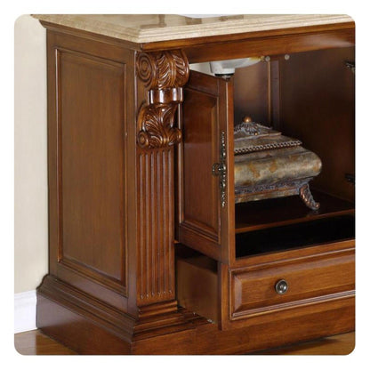 Silkroad Exclusive 39" Single Sink Cherry Bathroom Vanity With Travertine Countertop and White Ceramic Undermount Sink - HYP-0907-T-UWC-38