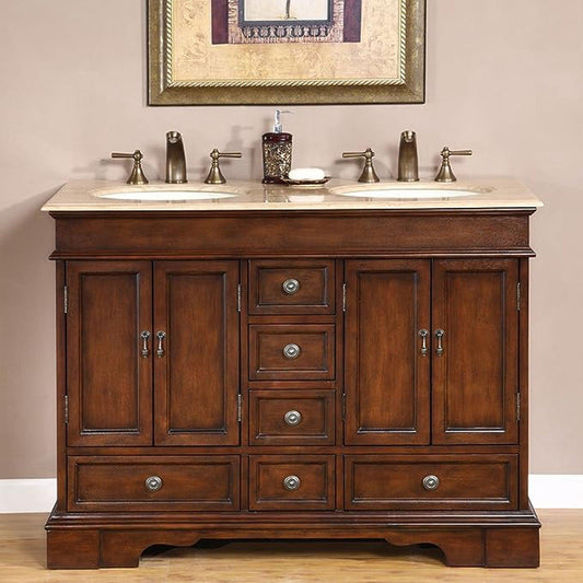 Silkroad Exclusive 48" Double Sink Red Chestnut Bathroom Vanity With Travertine Countertop and Ivory Ceramic Undermount Sink - HYP-0715-T-UIC-48