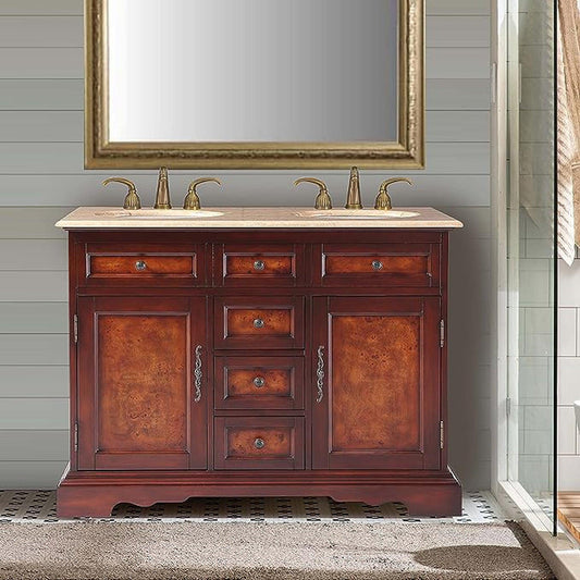 Silkroad Exclusive 48" Double Sink Red Chestnut Bathroom Vanity With Travertine Countertop and White Ceramic Undermount Sink - HYP-0716-T-UWC-48
