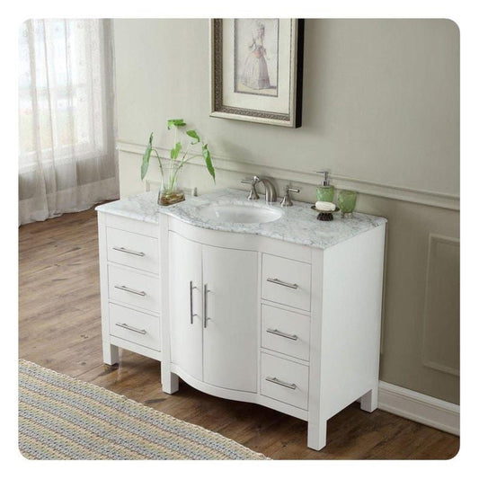 Silkroad Exclusive 54" Single Left Sink White Bathroom Vanity With Carrara White Marble Countertop and White Ceramic Undermount Sink - V0290WW54L