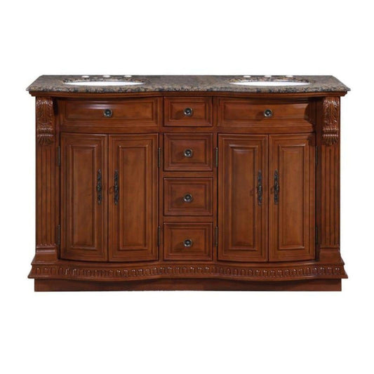 Silkroad Exclusive 55" Double Sink Cherry Bathroom Vanity With Baltic Brown Granite Countertop and White Ceramic Undermount Sink - HYP-0223-BB-UWC-55