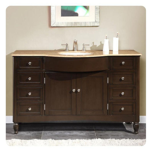 Silkroad Exclusive 58" Single Sink Dark Walnut Bathroom Vanity With Travertine Countertop and White Ceramic Undermount Sink - HYP-0717-T-UWC-58