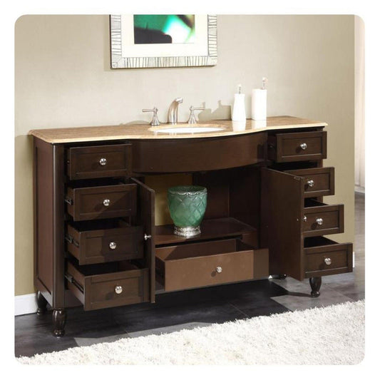 Silkroad Exclusive 58" Single Sink Dark Walnut Bathroom Vanity With Travertine Countertop and White Ceramic Undermount Sink - HYP-0717-T-UWC-58