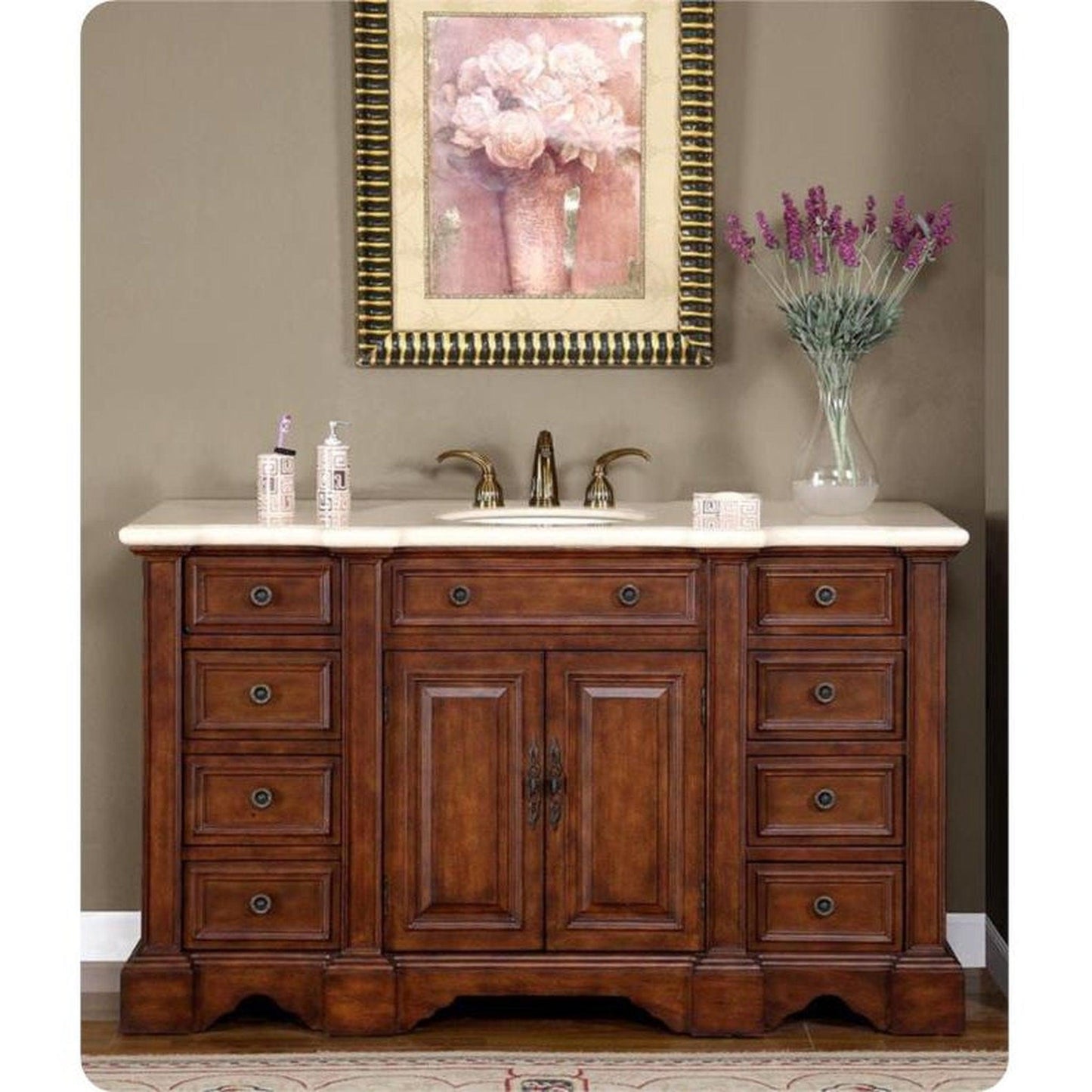 Silkroad Exclusive 59" Single Sink English Chestnut Vanity, Crema Marfil Marble Top, White Undermount Sink - WFH-0199-CM-UWC-58