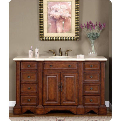 Silkroad Exclusive 59" Single Sink English Chestnut Vanity, Crema Marfil Marble Top, White Undermount Sink - WFH-0199-CM-UWC-58