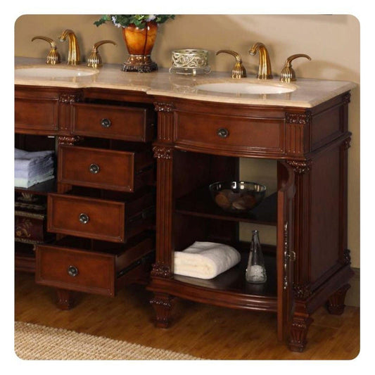 Silkroad Exclusive 60" Double Sink Brazilian Rosewood Bathroom Vanity With Travertine Countertop and Ivory Ceramic Undermount Sink - HYP-0722-T-UIC-60