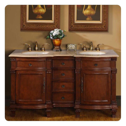 Silkroad Exclusive 60" Double Sink Brazilian Rosewood Bathroom Vanity With Travertine Countertop and Ivory Ceramic Undermount Sink - HYP-0722-T-UIC-60