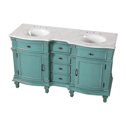 Silkroad Exclusive 60" Double Sink Retro Green Bathroom Vanity With Carrara White Marble Countertop and White Ceramic Undermount Sink -V0313NW60D