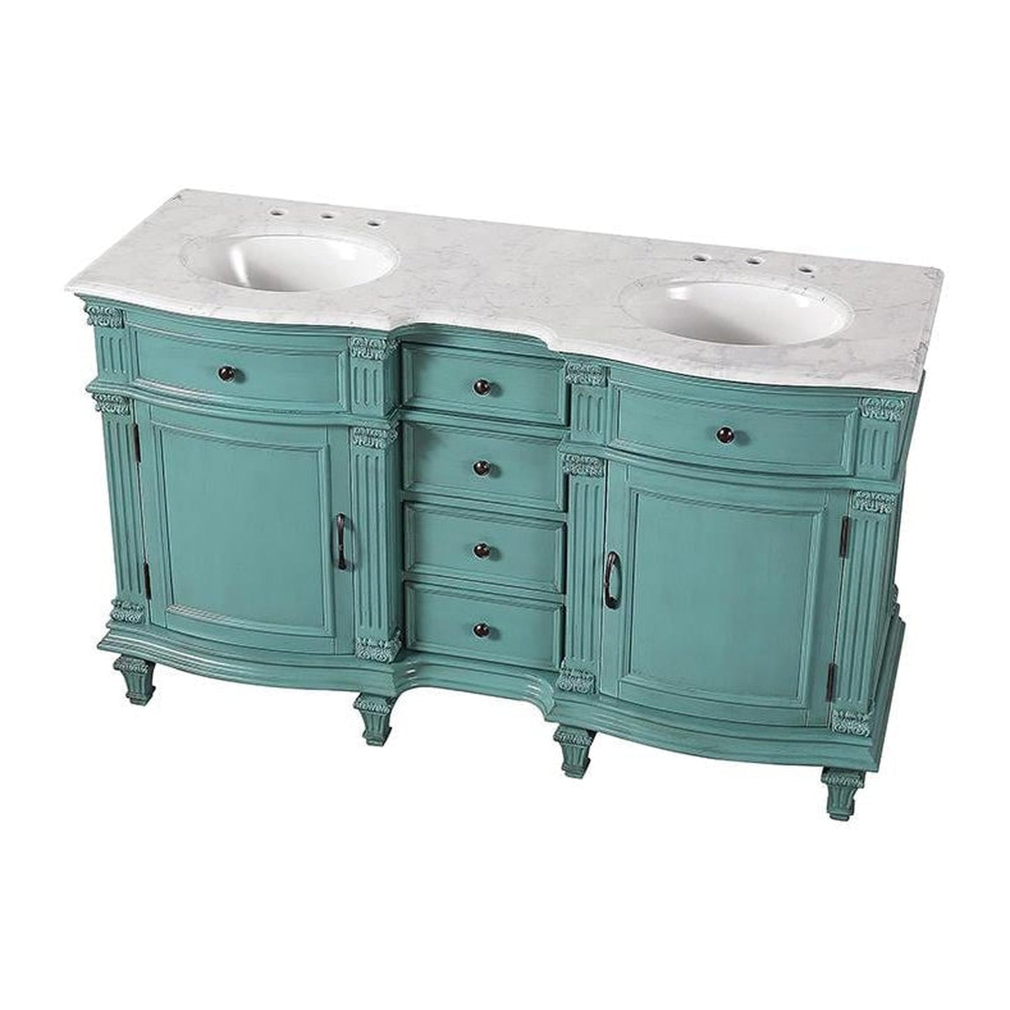 Silkroad Exclusive 60" Double Sink Retro Green Bathroom Vanity With Carrara White Marble Countertop and White Ceramic Undermount Sink -V0313NW60D