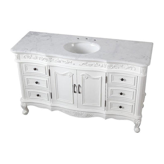 Silkroad Exclusive 60" Single Sink Antique White Bathroom Vanity With Carrara White Marble Countertop and White Ceramic Undermount Sink - V0299WW60C