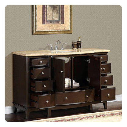 Silkroad Exclusive 60" Single Sink Dark Walnut Bathroom Vanity With Travertine Countertop and White Ceramic Undermount Sink - HYP-0237-T-UWC-60