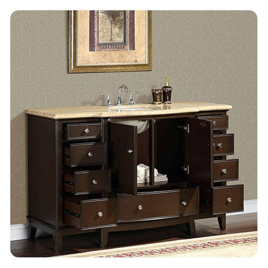 Silkroad Exclusive 60" Single Sink Dark Walnut Bathroom Vanity With Travertine Countertop and White Ceramic Undermount Sink - HYP-0237-T-UWC-60