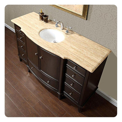 Silkroad Exclusive 60" Single Sink Dark Walnut Bathroom Vanity With Travertine Countertop and White Ceramic Undermount Sink - HYP-0237-T-UWC-60