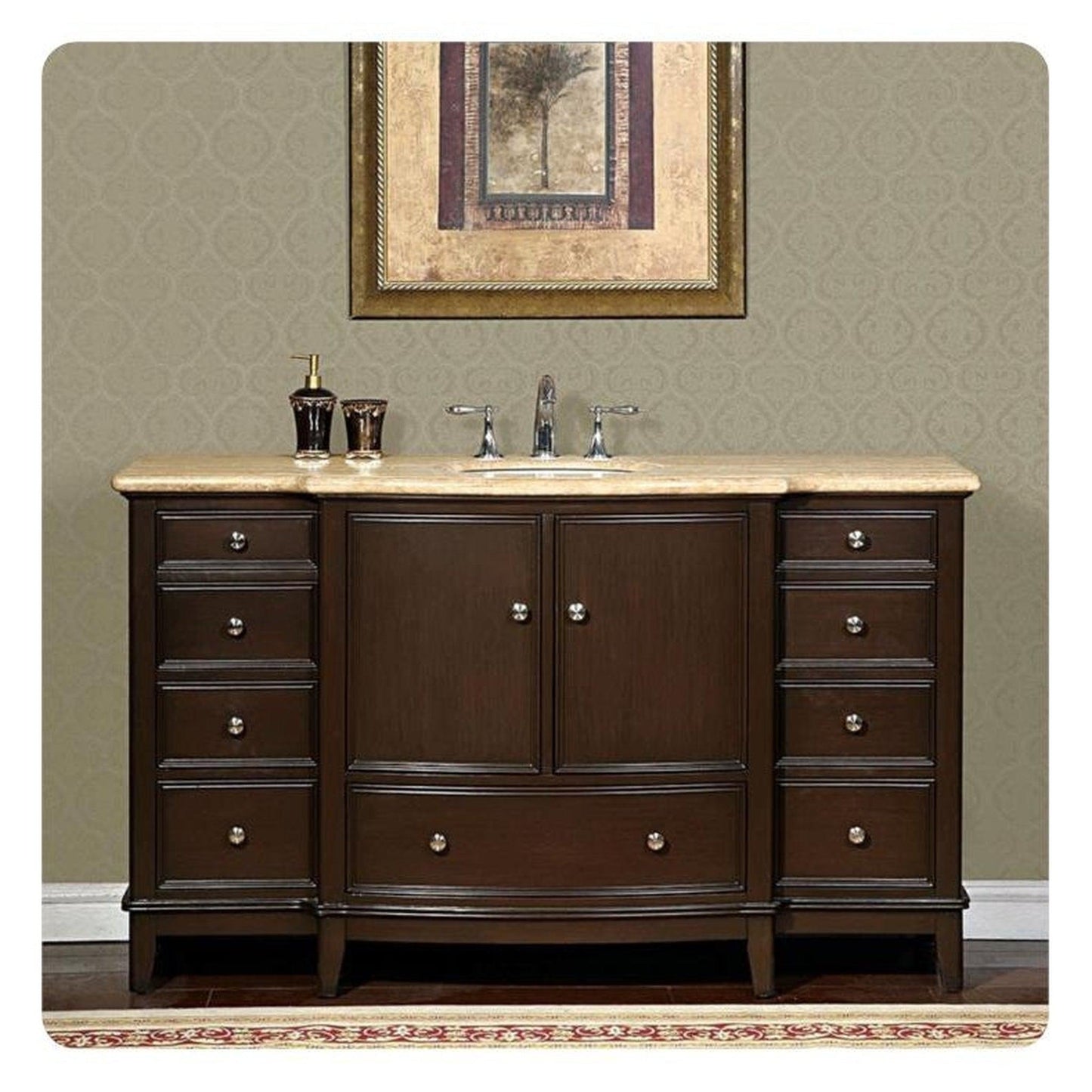 Silkroad Exclusive 60" Single Sink Dark Walnut Bathroom Vanity With Travertine Countertop and White Ceramic Undermount Sink - HYP-0237-T-UWC-60