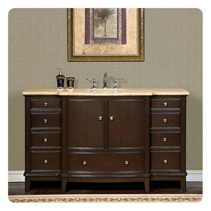 Silkroad Exclusive 60" Single Sink Dark Walnut Bathroom Vanity With Travertine Countertop and White Ceramic Undermount Sink - HYP-0237-T-UWC-60