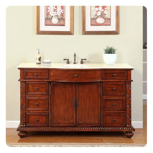 Silkroad Exclusive 60" Single Sink Red Chestnut Bathroom Vanity, Crema Marfil Marble Top, White Undermount Sink - FS-0268-CM-UWC-60