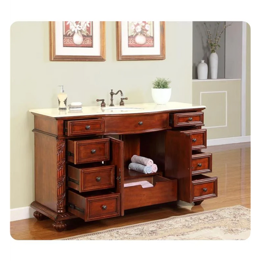 Silkroad Exclusive 60" Single Sink Red Chestnut Bathroom Vanity, Crema Marfil Marble Top, White Undermount Sink - FS-0268-CM-UWC-60