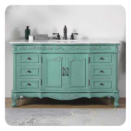Silkroad Exclusive 60" Single Sink Vintage Green Bathroom Vanity With Carrara White Marble Countertop and White Ceramic Undermount Sink - V0299NW60C