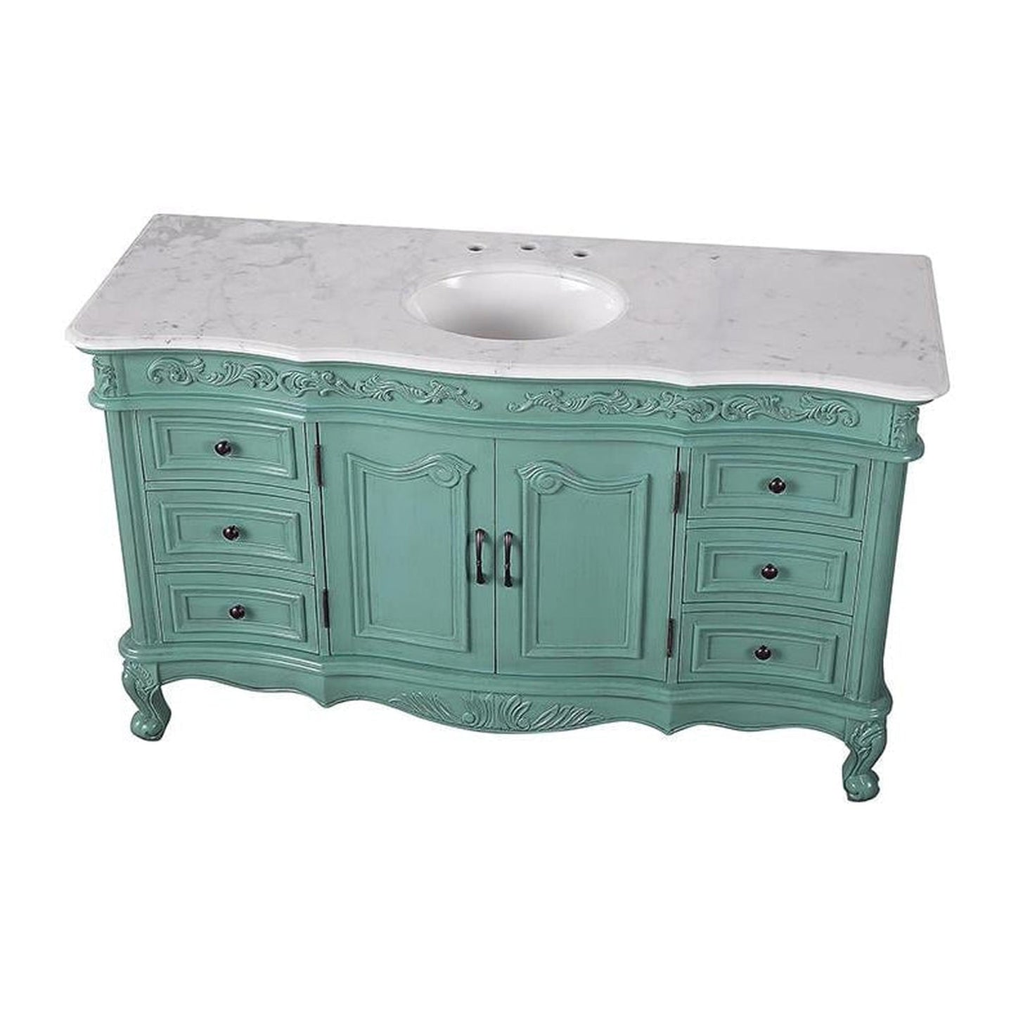 Silkroad Exclusive 60" Single Sink Vintage Green Bathroom Vanity With Carrara White Marble Countertop and White Ceramic Undermount Sink - V0299NW60C