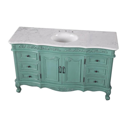 Silkroad Exclusive 60" Single Sink Vintage Green Bathroom Vanity With Carrara White Marble Countertop and White Ceramic Undermount Sink - V0299NW60C