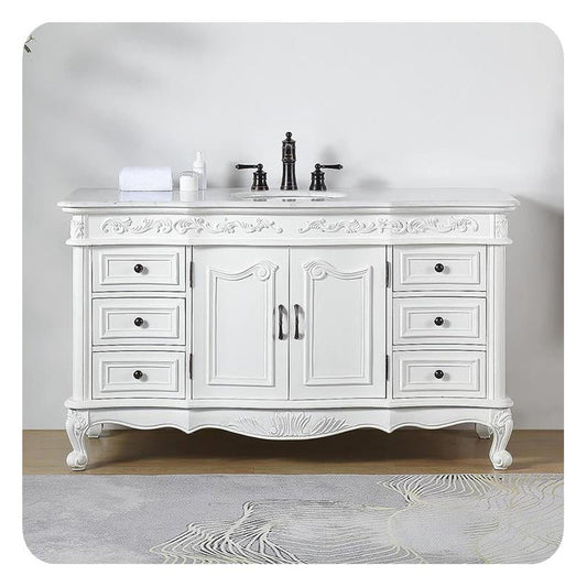 Silkroad Exclusive 60" Single Sink Antique White Bathroom Vanity With Carrara White Marble Countertop and White Ceramic Undermount Sink - V0299WW60C