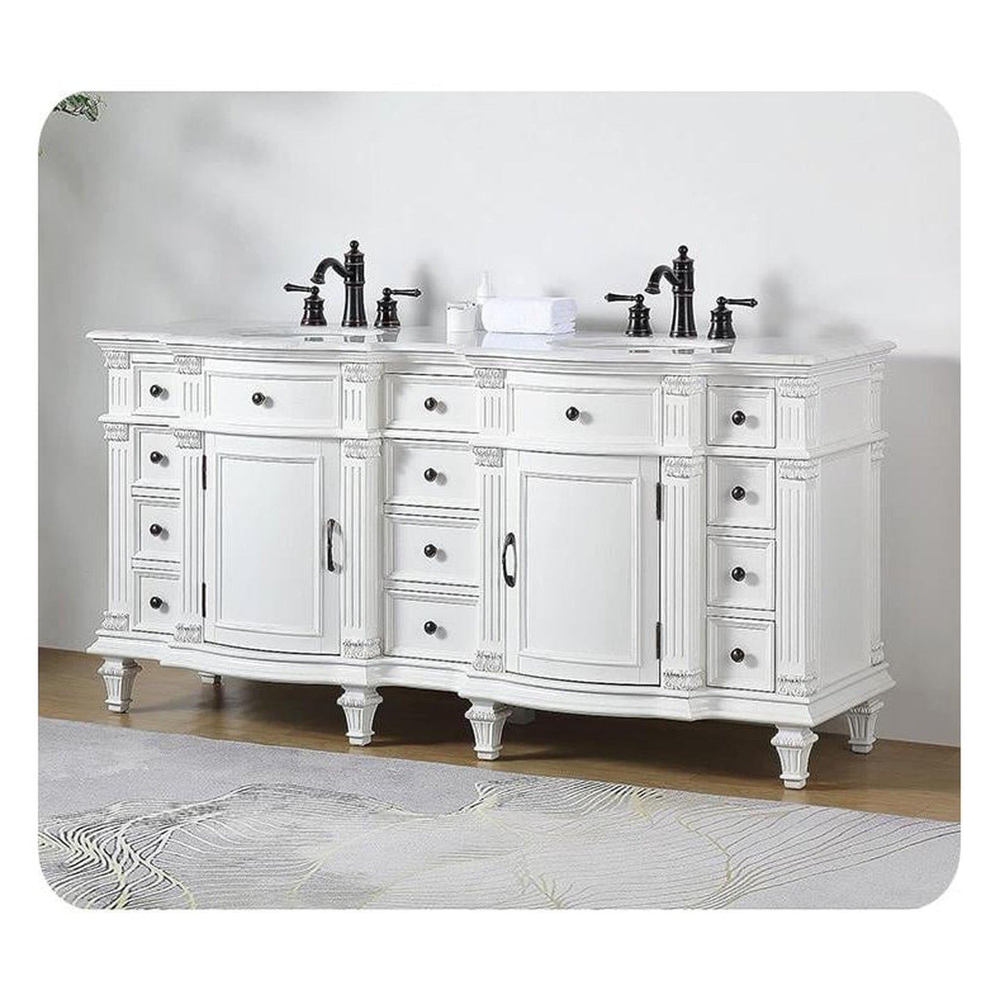 Silkroad Exclusive 72" Double Sink Antique White Bathroom Vanity With Carrara White Marble Countertop and White Ceramic Undermount Sink - V0722WW72D