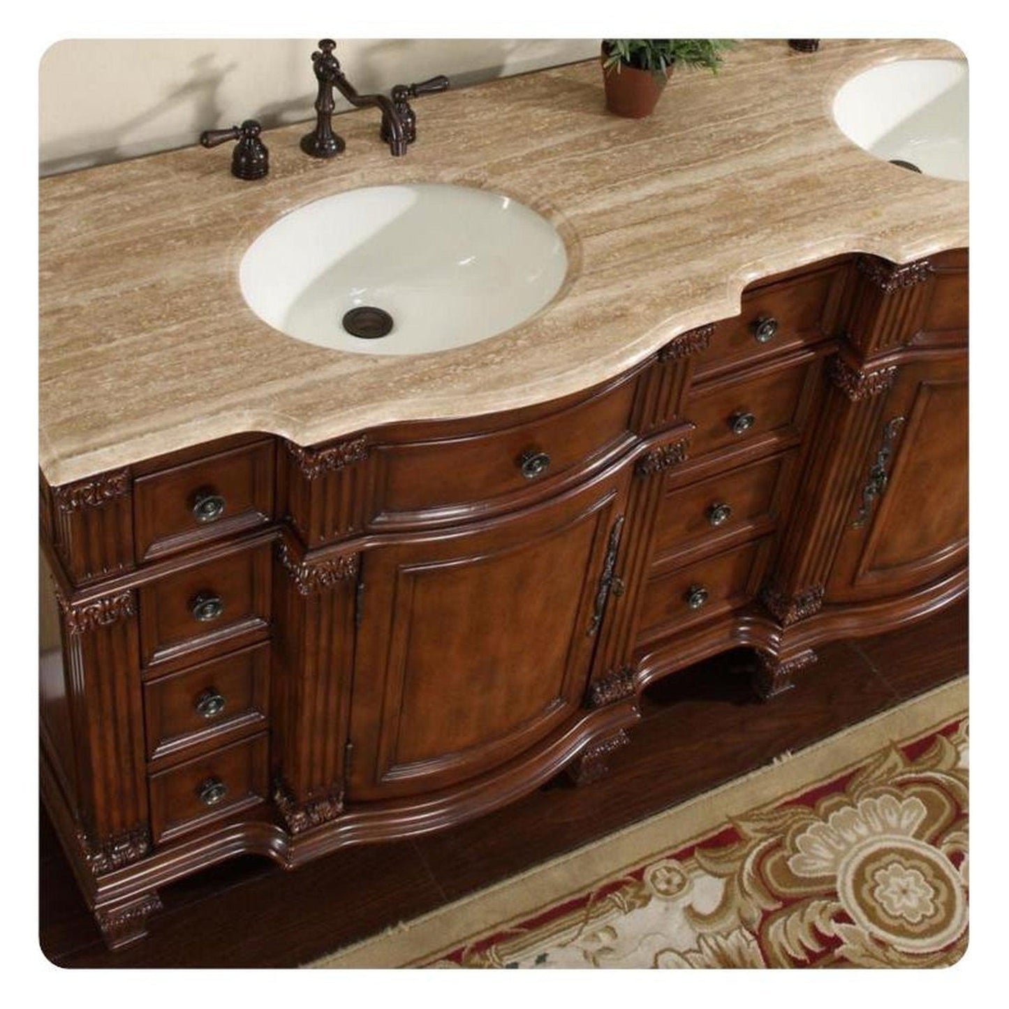 Silkroad Exclusive 72" Double Sink Brazilian Rosewood Bathroom Vanity With Travertine Countertop and Ivory Ceramic Undermount Sink - HYP-0722-T-UIC-72
