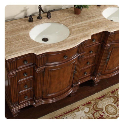 Silkroad Exclusive 72" Double Sink Brazilian Rosewood Bathroom Vanity With Travertine Countertop and Ivory Ceramic Undermount Sink - HYP-0722-T-UIC-72