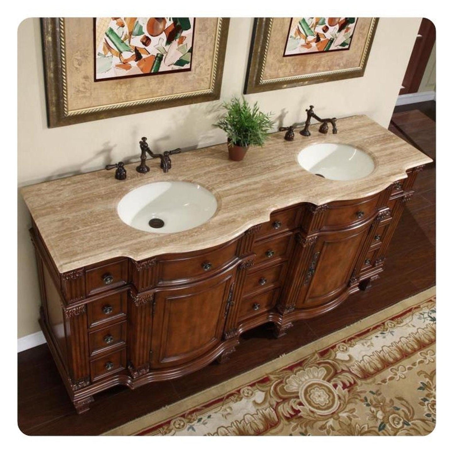 Silkroad Exclusive 72" Double Sink Brazilian Rosewood Bathroom Vanity With Travertine Countertop and Ivory Ceramic Undermount Sink - HYP-0722-T-UIC-72