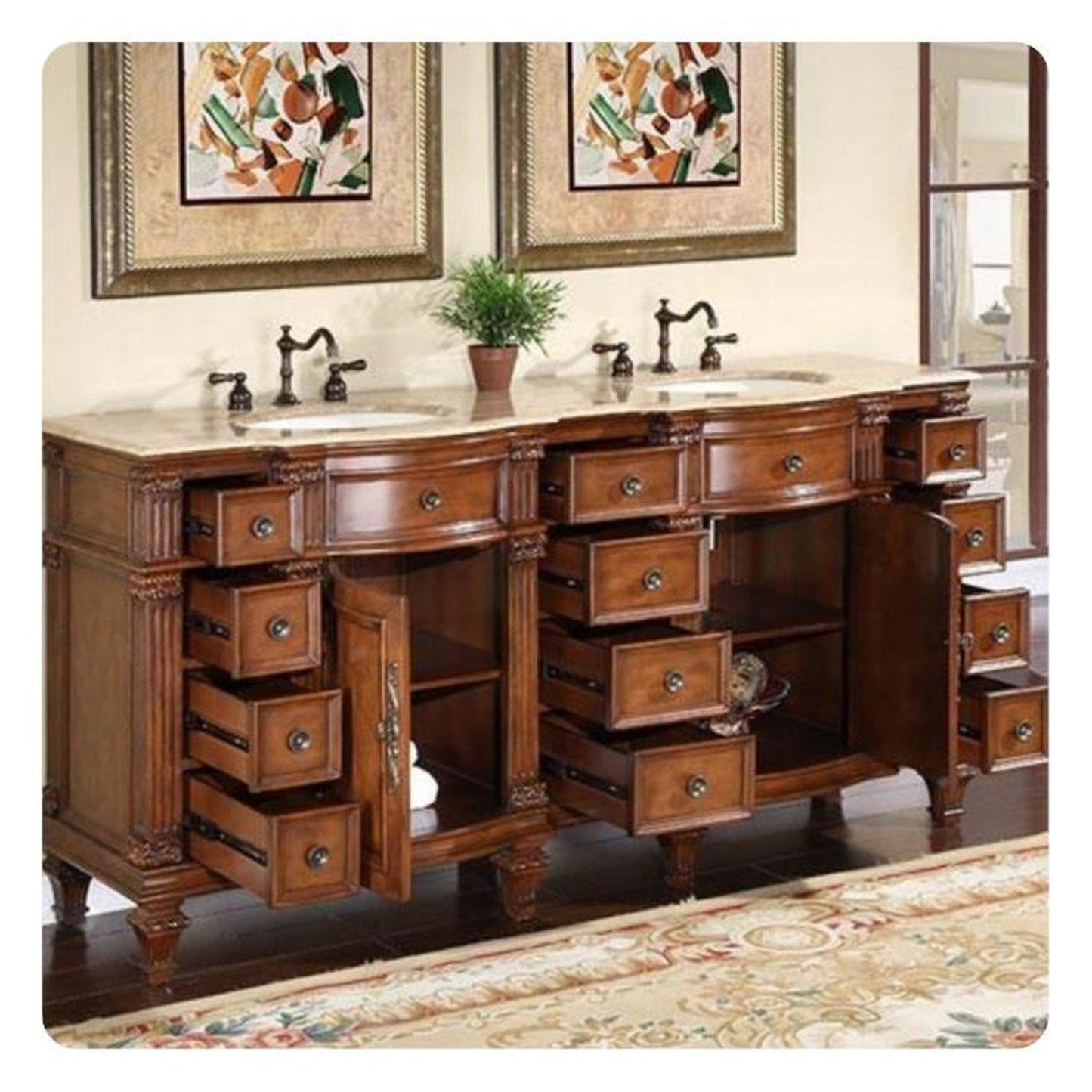 Silkroad Exclusive 72" Double Sink Brazilian Rosewood Bathroom Vanity With Travertine Countertop and Ivory Ceramic Undermount Sink - HYP-0722-T-UIC-72